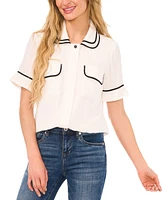 CeCe Women's Double Collar Tipped Short Sleeve Blouse