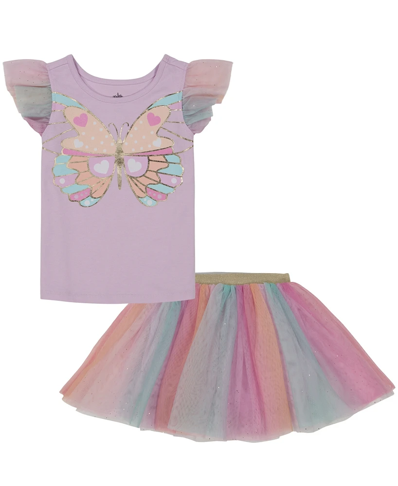 Kids Headquarters Little Girls Mesh Butterfly T-shirt and Tutu Skort Set