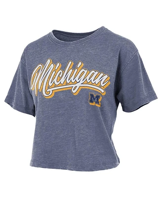 Women's Pressbox Navy Distressed Michigan Wolverines Team Script Harlow Vintage-Like Waist Length T-shirt