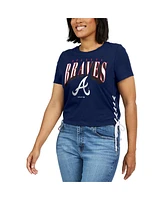 Women's Wear by Erin Andrews Navy Atlanta Braves Side Lace-Up Cropped T-shirt