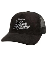 Men's Mitchell & Ness Black Brooklyn Nets Times Up Classic Script Cord Trucker Hat