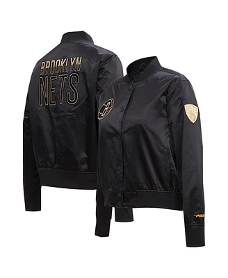 Women's Pro Standard Black Brooklyn Nets Glam Satin Full-Snap Varsity Jacket