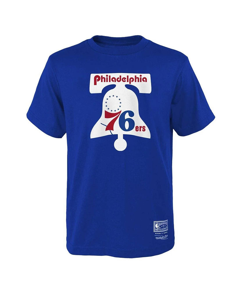 Big Boys Mitchell & Ness Royal Philadelphia 76ers Hardwood Classics Retro Logo T-shirt