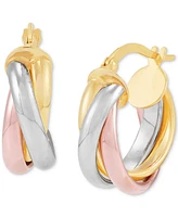 Italian Gold Polished Tube Crossover Small Hoop Earrings in 14k Tricolor Gold, 3/4" - Tri