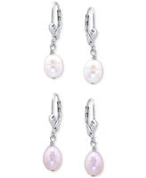 2-Pc. Set White & Dyed Pink Cultured Freshwater Oval Pearl (10 x 8mm) Leverback Drop Earrings