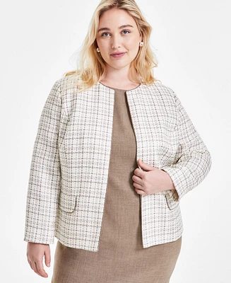 Kasper Plus Plaid Tweed Open-Front Cardigan Jacket