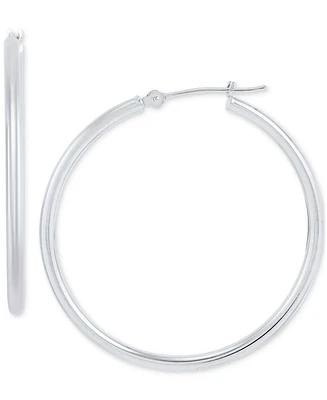 Polished Classic Tube Medium Hoop Earrings in 14k White Gold, 1-3/8"