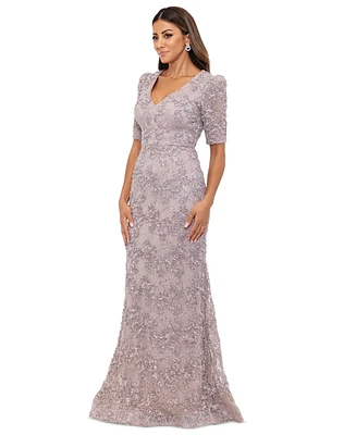 Xscape Women's Floral Soutache Sequin Puff-Sleeve Lace Gown