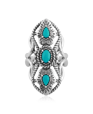 American West Jewelry Sterling Silver Blue Turquoise Gemstone 3-Stone Elongated Ring 5 to 10
