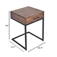 Simplie Fun Mango Wood Side Table With Drawer And Cantilever Iron Base, Brown And Black