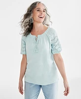 Style & Co Petite Embroidered Knit Split-Neck Top, Created for Macy's