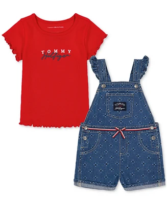 Tommy Hilfiger Baby Girls 2-Pc. Ribbed-Knit Logo Graphic T-Shirt & Printed Denim Shortalls Set