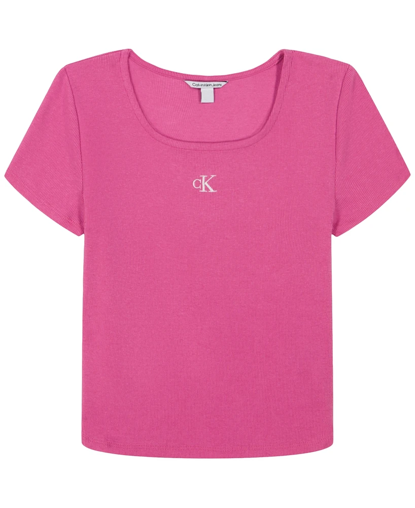 Calvin Klein Big Girls Square-Neck Embroidered-Logo Ribbed Baby T-Shirt