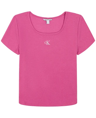 Calvin Klein Big Girls Square-Neck Embroidered-Logo Ribbed Baby T-Shirt