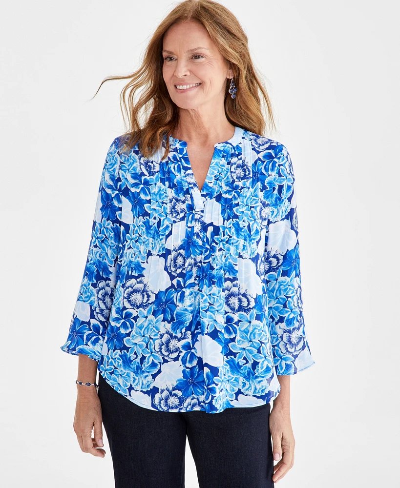 Style & Co Women's Printed Pintuck Ruffle Sleeve Top, Created for Macy's