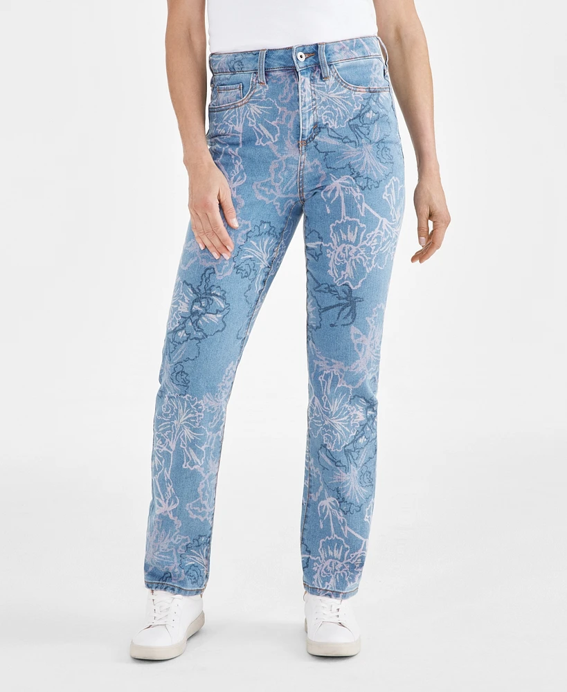 Style & Co Petite High Rise Floral Print Straight-Leg Jeans, Created for Macy's