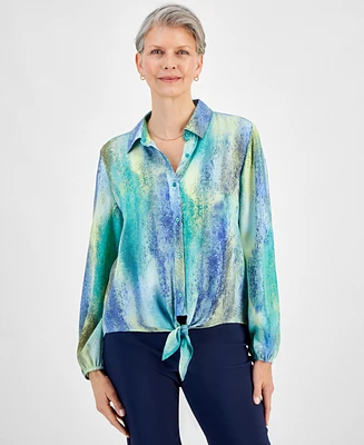 Jm Collection Women's Printed Long Sleeve Button-Front Tie-Hem Top, Created for Macy's