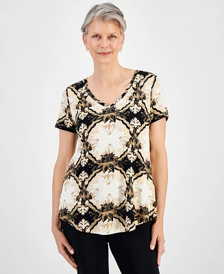 Jm Collection Women's Printed V-Neck Short-Sleeve Knit Top, Created for Macy's