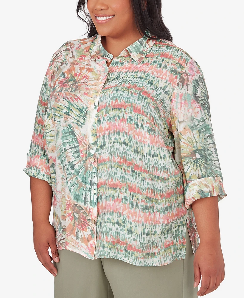 Alfred Dunner Plus Tuscan Sunset Tie Dye Button Down Blouse