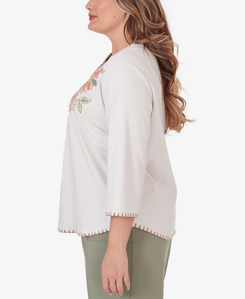 Alfred Dunner Plus Size Tuscan Sunset Embroidered Flower Top