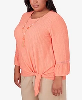 Alfred Dunner Plus Tuscan Sunset Solid Texture Top with Side Tie