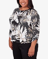 Alfred Dunner Plus Opposites Attract Printed Leaves Top with Necklace