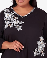 Alfred Dunner Plus Opposites Attract Flower Top with Animal Trim