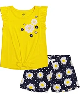 Kids Headquarters Baby Girls Flutter Sleeve Daisy T-shirt and Printed French Terry Shorts