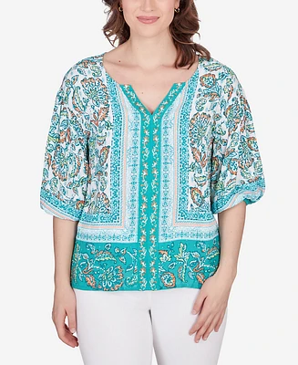 Ruby Rd. Petite Floral Breeze Puff Sleeve Border Top