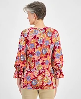 Jm Collection Women's Floral Print 3/4 Sleeve Ruffled-Cuff Top, Created for Macy's