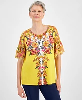 Jm Collection Women's Short-Sleeve Printed Ruffled-Cuff Top, Created for Macy's