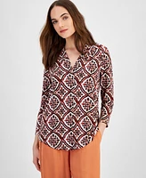 Jm Collection Women's V-Neck Printed 3/4-Sleeve Top, Created for Macy's