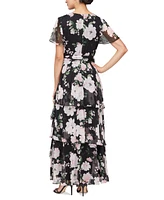 Sl Fashions Women's Printed Tie-Waist Chiffon Maxi Dress