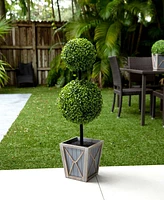 Nearly Natural 3ft. Uv Resistant Artificial Double Ball Boxwood Topiary with Led Lights in Decorative Planter Indoor/Outdoor