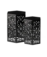 Glitzhome Multi-Functional Set of 2 Black Iron Cutout Floral Garden Stools or Planter Stand