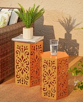 Glitzhome Multi-Functional Set of 2 Orange Cutout Floral Hexagonal Garden Stools or Planter Stand