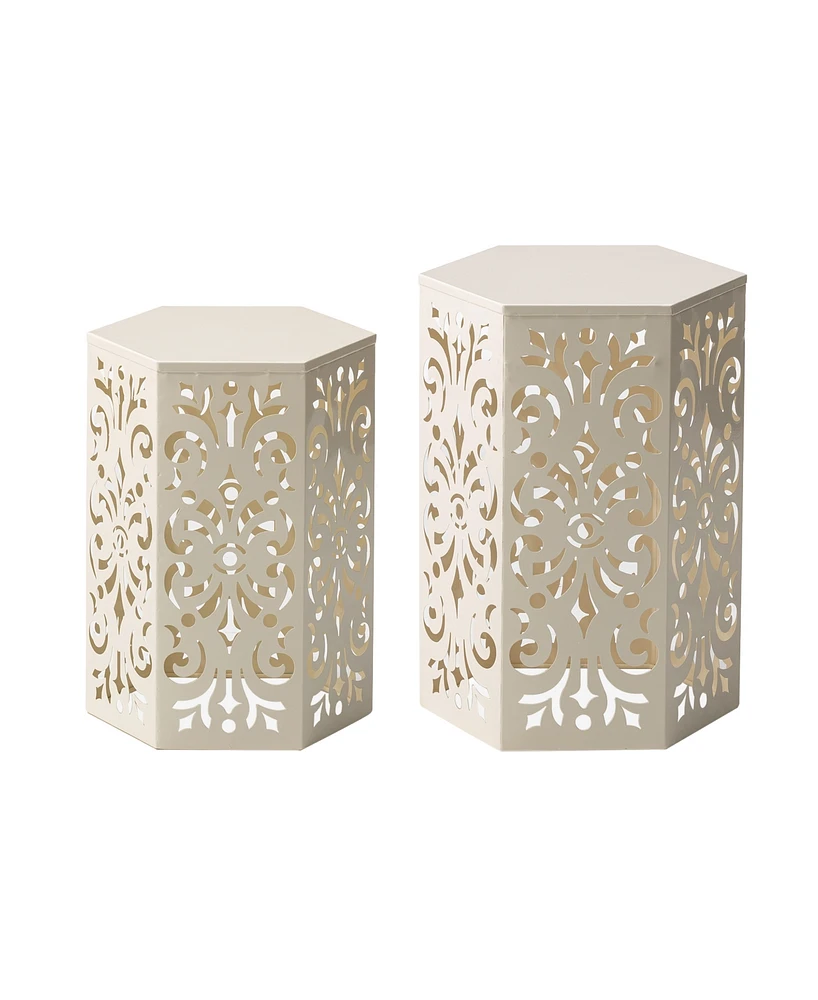 Glitzhome Multi-Functional Set of 2 White Floral Pattern Hexagonal Garden Stools or Planter Stand
