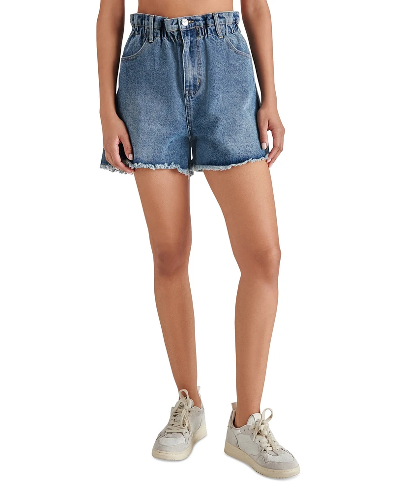 Steve Madden Women's Lunetta Cut-Hem Paper-Bag-Waist Cotton Denim Shorts