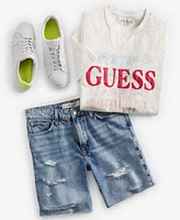 Guess Mens World Stamps Regular Fit Logo Graphic T Shirt Wyatt Slim Fit Destroyed Cutoff 9 Denim Shorts