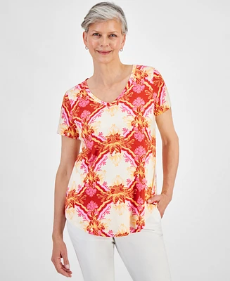 Jm Collection Women's Printed V-Neck Short-Sleeve Knit Top, Created for Macy's