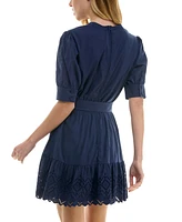 B Darlin Juniors' Embroidered Belted Puff-Sleeve Dress