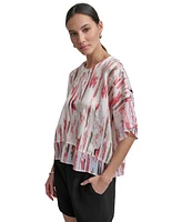 Dkny Women's Printed Mixed-Media Dolman-Sleeve Top