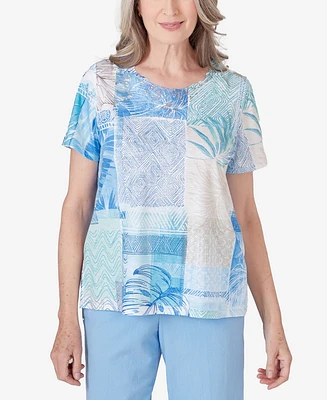 Alfred Dunner Women's Hyannisport Patchwork Leaf Lace Detail Short Sleeve T-shirt