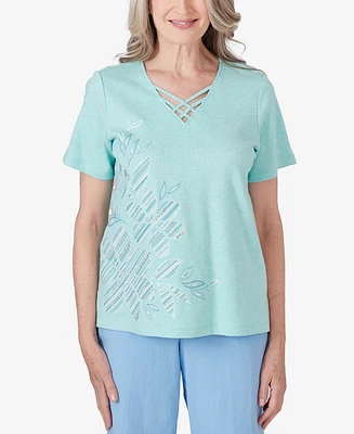 Alfred Dunner Women's Hyannisport Short Sleeve Embroidered Flower T-shirt