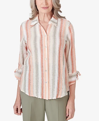 Alfred Dunner Women's Tuscan Sunset Striped Textured Button Down Top
