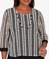 Alfred Dunner Women's Opposites Attract Striped Texture Top with Necklace