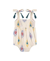 Mer St. Barth Baby Girls Zoe Shoulder Tie Baby Romper Gold Blue Ikat