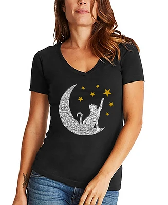 La Pop Art Women's Word Cat Moon V-Neck T-Shirt
