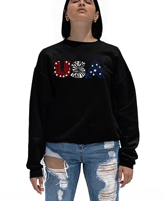 La Pop Art Women's Word Usa Fireworks Crewneck Sweatshirt