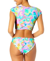 Salt Cove Womens Printed Lettuce Edge Short Sleeve Rash Guard Bikini Bottoms Created For Macys